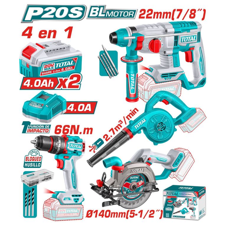 TALADRO 66 NM + ROTOMARTILLO + SIERRA CIRCULAR + SOPLADORA 20V TOTAL-TOSLI250695