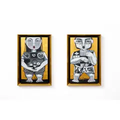 GENERICO - DÚO DE CUADROS INCAS - ÓLEO EN LIENZO - Marco de madera 36 x 66 cm