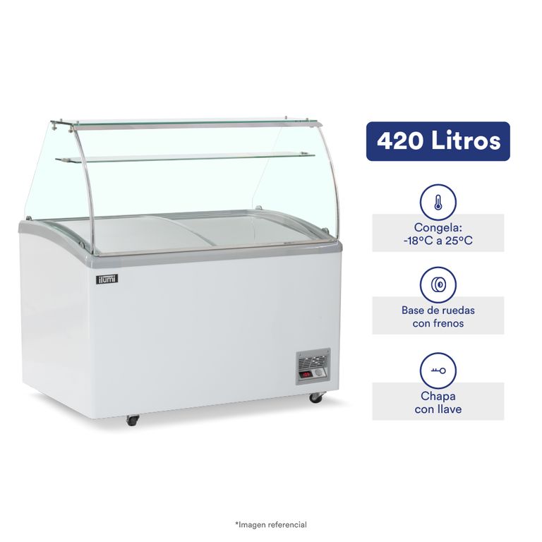 Congelador de 420 litros con vitrina y 9 pozas