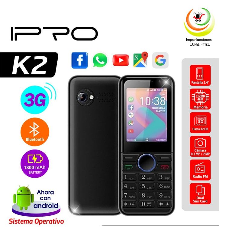 CELULAR BASICO K2 CON REDES SOCIALES 3G DUAL SIM - NEGRO