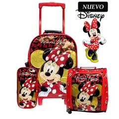DISNEY CLASICOS - Set de Mochila con Ruedas EXTRA Oficio Lonchera y Cartuchera Minnie Rojo