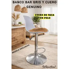 GENERICO - BANCO SILLA BAR GIRATORIO CON RESPALDO GRIS Y BASE DE CUERO GENUINO DE PELO DE VACA