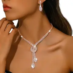GENERICO - Collar y Aretes con Cristales Brillantes Joyería Oro Rosa