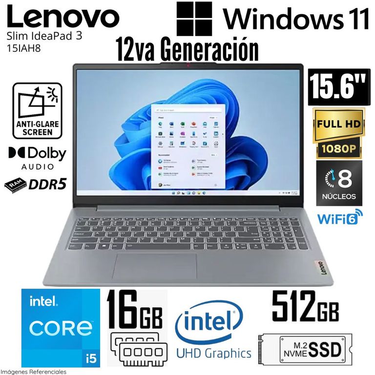 Laptop IdeaPad Slim 3 15IAH8 Intel Core i5-12450H 16GB RAM 512GB SSD 15.6" FHD - Arctic Grey