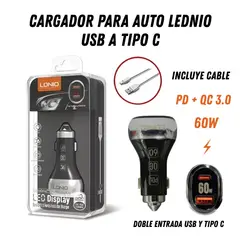 GENERICO - CARGADOR PARA AUTO LDNIO 2 PUERTOS USB Y TIPO C 60W PD + QC 3.0 INCLUYE CABLE