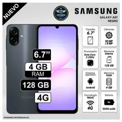 SAMSUNG - Celular Galaxy A07 4GB RAM 128GB Cámara principal 50MP + 2MP 6.7 Pulg. HD - Negro