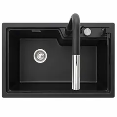HILIVING - Lavadero de Cuarzo Negro 75x47cm Con Grifo, Control de Drenaje y Dispensador de Detergente Líquido