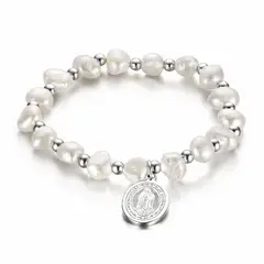 GENERICO - Pulsera Virgen de Guadalupe con Perlas Naturales de Río Dorada y Plateada Mujer
