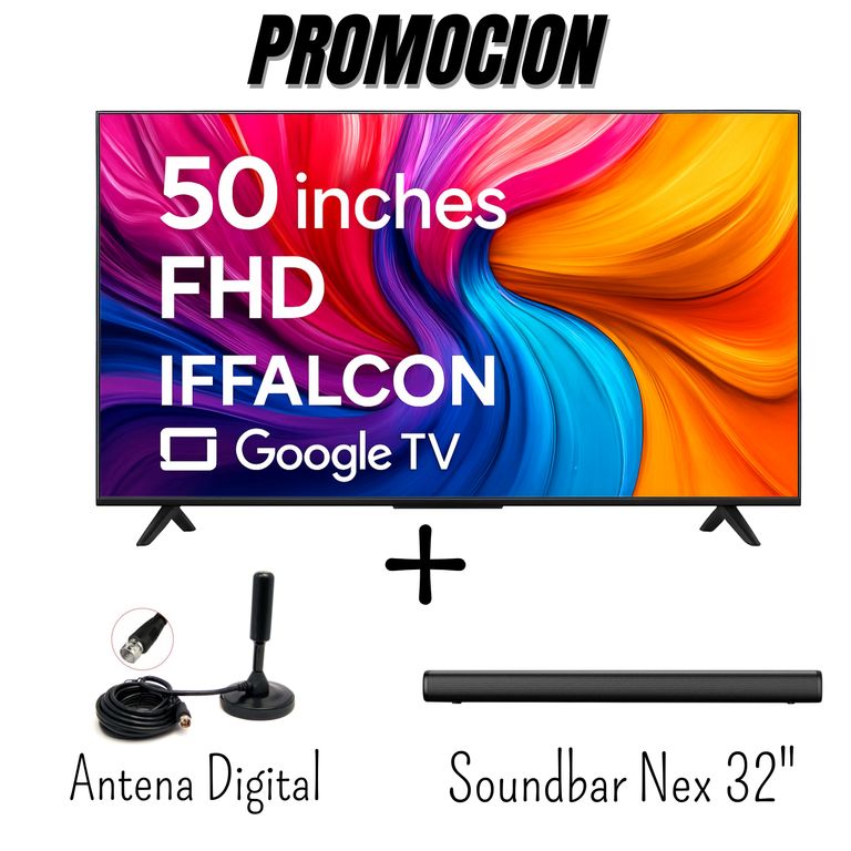 Televisor IFFALCON by TCL 50 Pulgadas FHD HDR10 Google TV 50S55 + Antena Digital + Soundbar Nex 32"