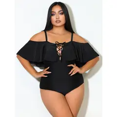 PUREPOWER - Bikini clásico negro con cordón y volantes de gran talla para mujer, estilo ruso-size L
