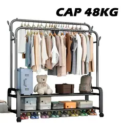 GENERICO - Perchero De Ropa Estante Zapatero 2 Niveles Con Ruedas Color Negro 48kg