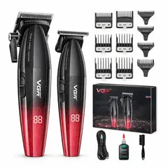 OEM - Kit Máquina Barbería Pro Clipper Trimmer Vgr V-640 9000 Rpm Rojo