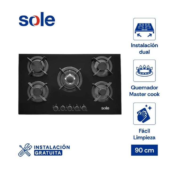 ENCIMERA VIDRIO TEMPLADO A GAS 90 CM 5 HORNILLAS SOLCO069