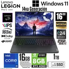 LENOVO - Laptop Legion Pro 5 16IRX9 Intel Core i9-14900HX 16GB RAM 1TB SSD RTX 4060-8GB 16" WQXGA