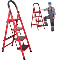 GENERICO - Escalera plegable de 4 niveles acero inoxidable - Rojo