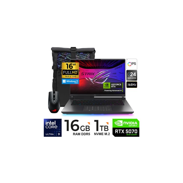 LAPTOP ROG STRIX G615LP-RV019W G16 16″ ULTRA 9 1TB/16GB/RTX5070/8GB/W11H/MOCHILA-MOUSE-ADA