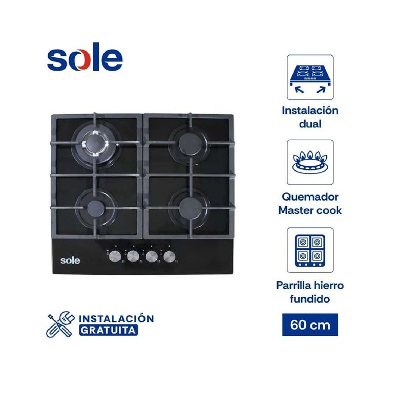 ENCIMERA VIDRIO TEMPLADO A GAS 60CM SOLCO045V2