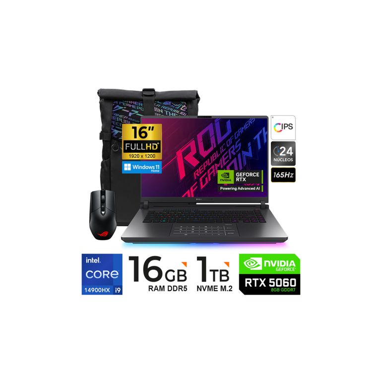 LAPTOP ROG STRIX G615JMR-RV017W G16 16 i9 1TB SSD 16GB RTX5060 8GB WIN11HMOCHILA-MOUSE