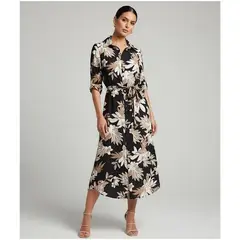 EL TWIST HOME - Vestido camisero cabosol negro y prints neutros con lazo cintura removible