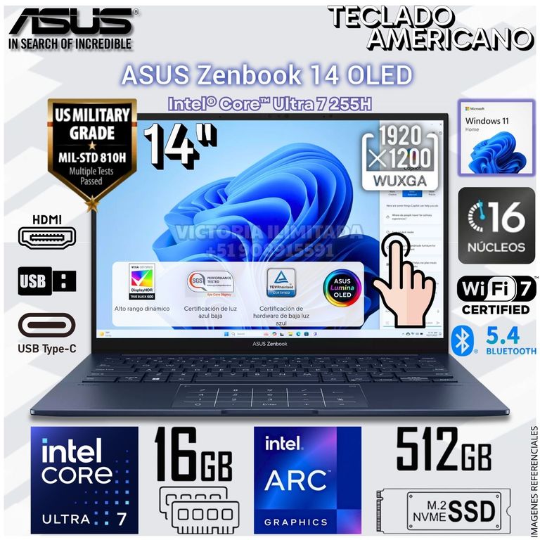 Laptop ZENBOOK 14" OLED Táctil (UX3405) Core™ Ultra 7 255H 16GB RAM 512GB SSD WUXGA UX3405CA-U7512