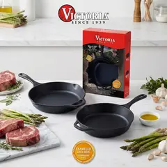 VICTORIA - Set Sartenes Hierro Fundido Esmaltado 25, 30 cm
