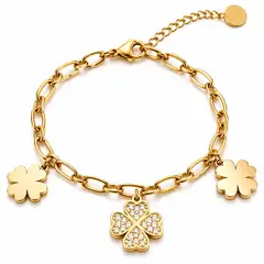GENERICO - Pulsera Trébol de la Suerte Dorada Acero Inoxidable Ajustable Mujer con Cristales