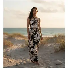 EL TWIST HOME - Vestido Cabosol halter negro con print neutro