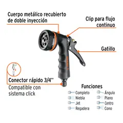 TRUPER - Pistola para riego de 8 funciones metálica con recubrimiento 18477