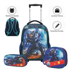GENERICO - MOCHILA ESCOLAR CON RUEDAS 3 EN 1 – DISEÑO ROBOCOP EN RELIEVE 3D CON LUCES