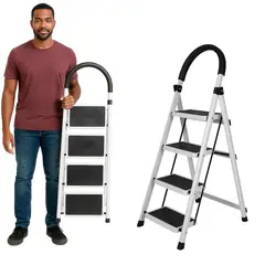 GENERICO - Escalera plegable de 4 niveles acero inoxidable - Blanco