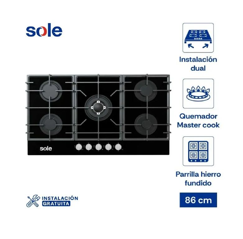 COCINA EMPOTRABLE A GAS 5 HORNILLAS VIDRIO SOLCO046V2