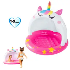 KIDS - Piscina Unicornio Bebé INFLABLE con Base Acolchada y Tapasol - 102 cm