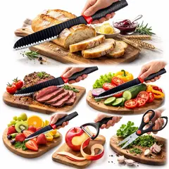 GENERICO - Set Cuchillos Cocina Acero Inoxidable Dentado Tijera Pelador Corte Precisión Utensilios Cheff