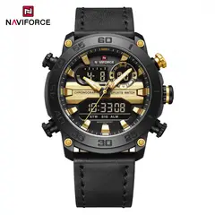 NAVIFORCE - Reloj Hombre NF9235 Negro Dorado Digital Analógico Cuero Genuino