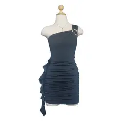 GENERICO - Vestido Negro de Fiesta Un Hombro Drapeado Alta Calidad Modelo Rumbero