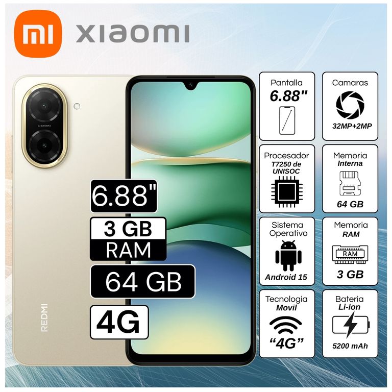 Celular Redmi A5 3GB RAM 64GB 6.88" Pulg. Android 15 - Dorado Arena