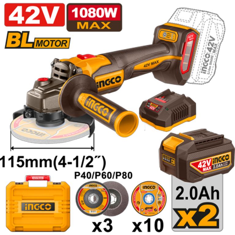 AMOLADORA ANGULAR BRUSHLESS INGCO 42V 1080W 4 1/2″ 115 MM + 2 BATERÍAS 2.0AH + CARGADOR CAGLI4108112