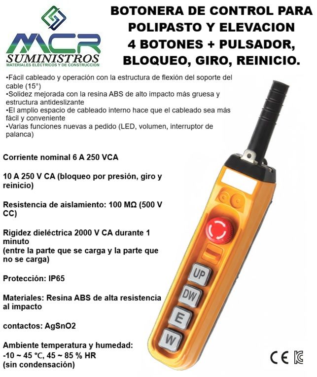 MANDO O BOTONERA DE CONTROL PARA POLIPASTO Y ELEVACION, 4 BOTONES + PULSADOR, BLOQUEO, REINICIO.