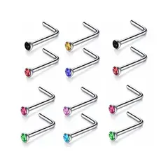 GENERICO - Set x 2 Piercings para nariz nostril en forma de L con strass colores al azar