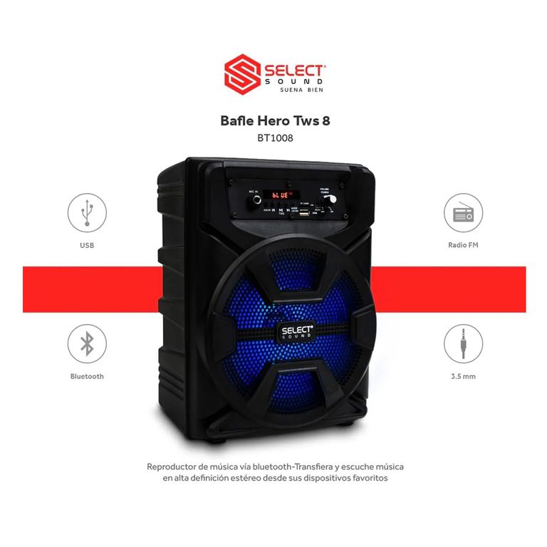 Parlante Bafle Sound Hero BT1008 subwoofer TWS Bluetooth 2500W, Micrófono Integrado, Bocina Portátil