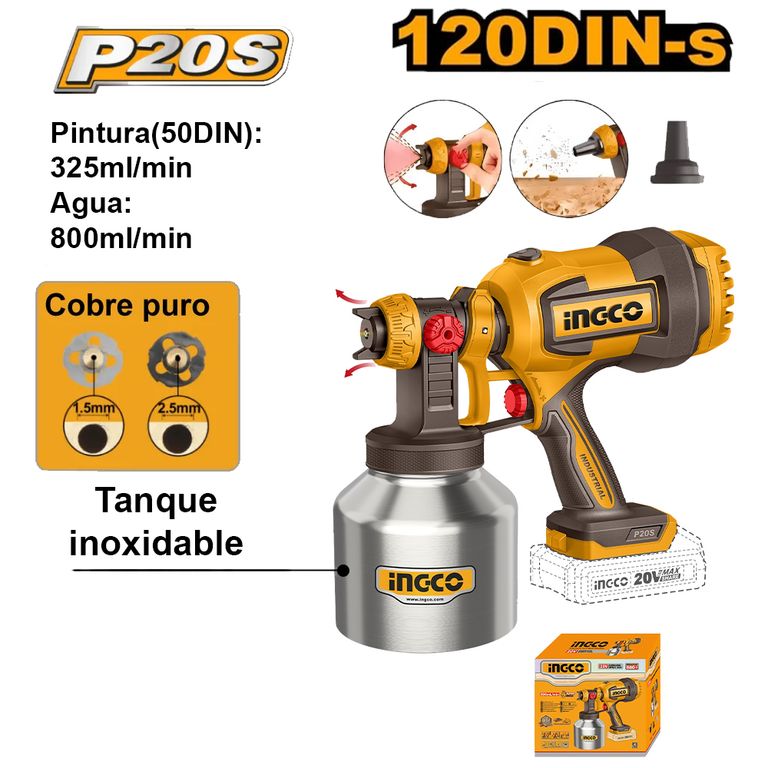 PISTOLA PARA PINTAR TANQUE INOXIDABLE INGCO 20V 800MLMIN 120DIN-S CSGLI20041