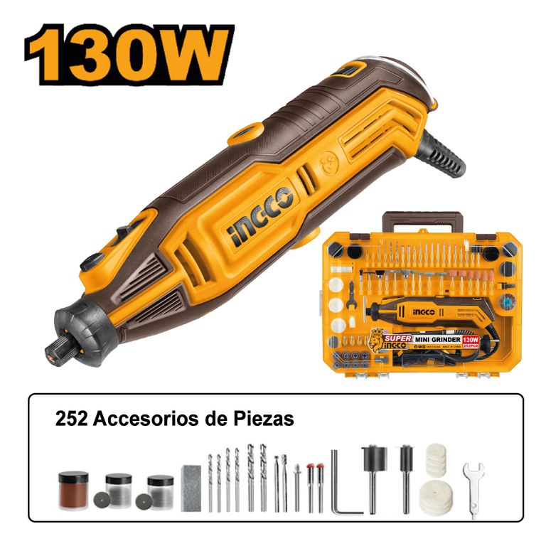 MINI RECTIFICADORA INGCO 130W + KIT 252 PIEZAS MG133281