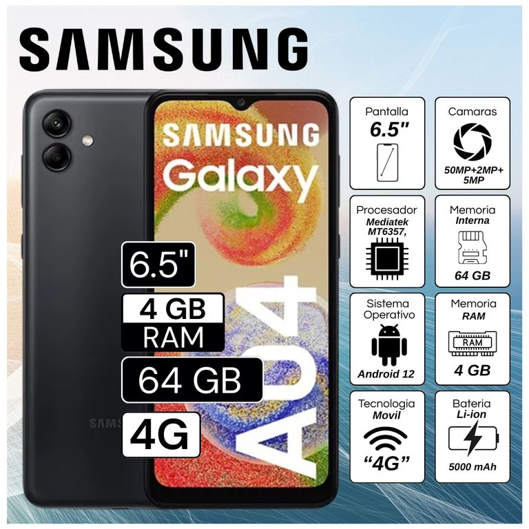 Celular Galaxy A04 4GB 6.5" Pulg. RAM 64GB Android 12 - Negro
