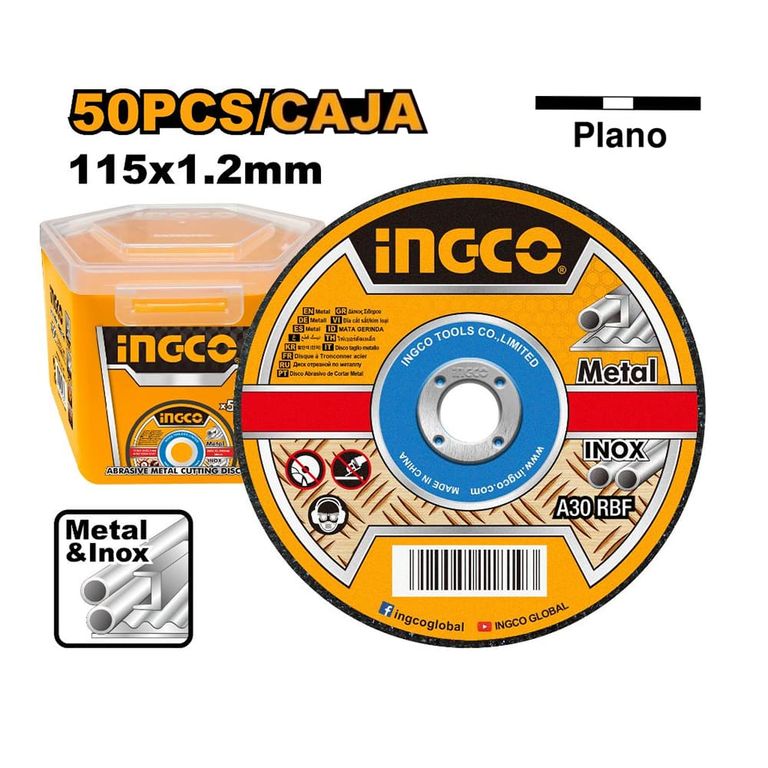 SET 50 DISCOS DE CORTE PARA METAL INGCO 4 1/2" 115MM X 1.2MM MCD1211550