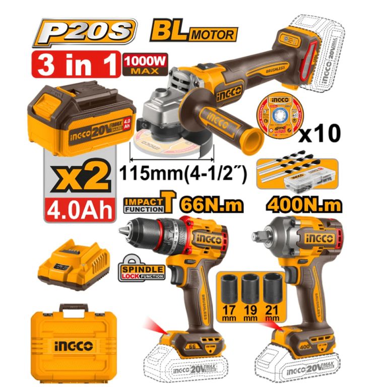KIT 3 HERRAMIENTAS INGCO PERCUTOR 66NM + AMOLADORA 1000W + LLAVE DE IMPACTO 400NM COSLI241291