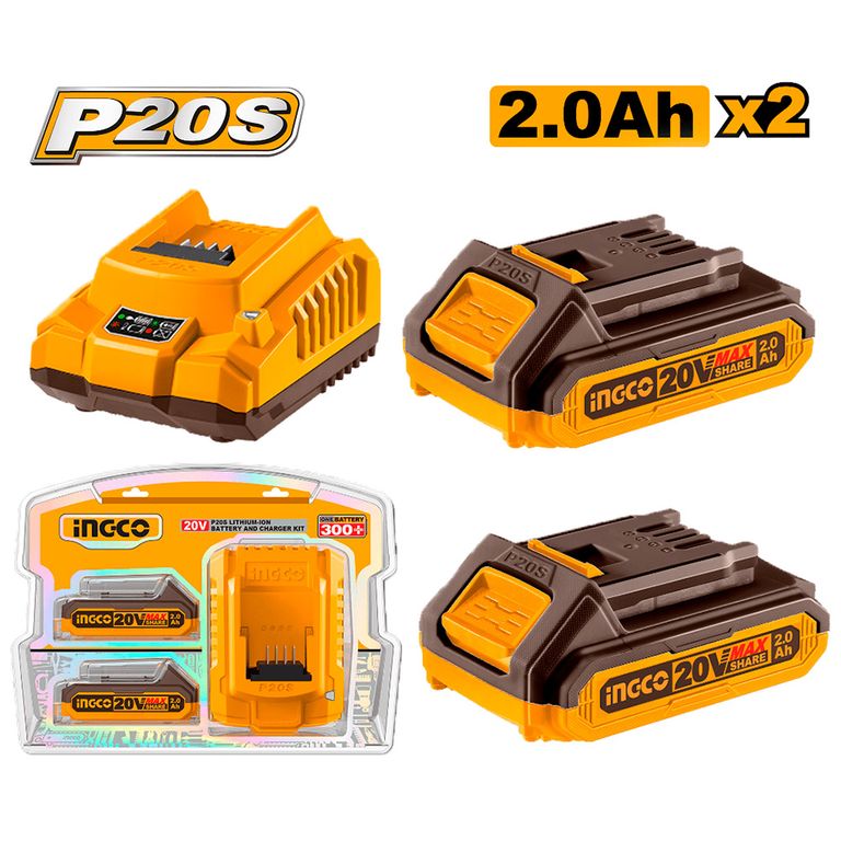 SET 2 BATERÍAS 20V 2.0AH + 1 CARGADOR INGCO FBCPK1222
