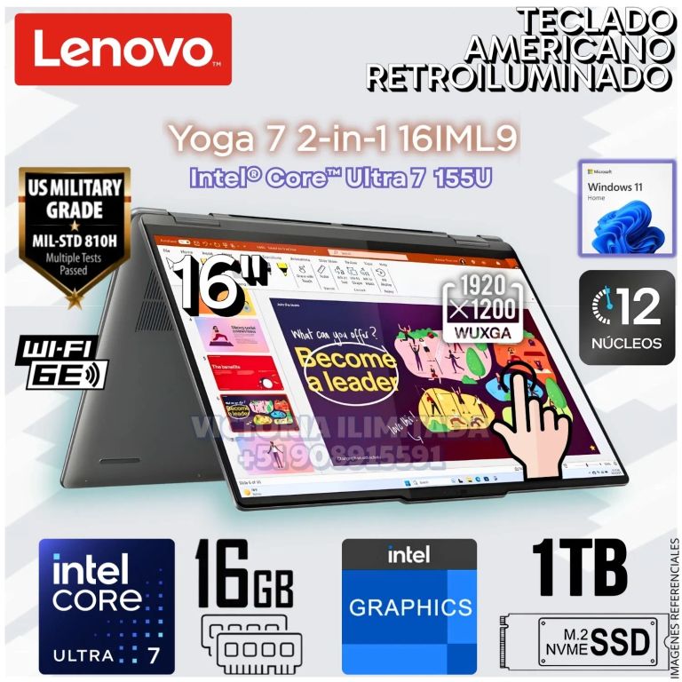 Laptop Yoga 7 Dos en Uno de 16" Intel® Core™ Ultra 7 155U 16GB RAM-LPDDR5X 1 TB SSD 16IML9 - 83DL0002US