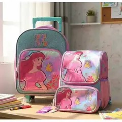 DISNEY CLASICOS - Maleta escolar a Ruedas + Lonchera + Cartuchera Sirenita