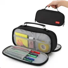 GENERICO - Cartuchera Escolar Neceser de Oficina Organizador de Dos Compartimientos Cremalleras y Asa Negro