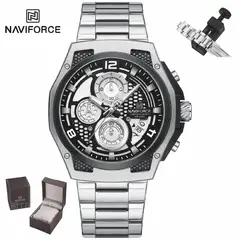 NAVIFORCE - Reloj Hombre NF8051 Plateado Blanco Analógico Acero Inoxidable Multifunción Caja Premium